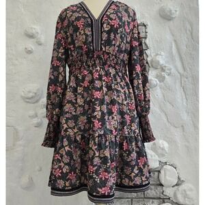 Melloday Floral Polka Dot Smocked Waist Tiered Midi Dress Black Pink Size L Boho
